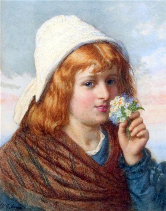 Joseph Vincent Gibson (fl.1861-1888) Girl smelling a posy, 11 x 9in.